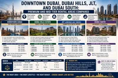 Downtown Dubai, Dubai Hills, JLT, and Dubai South: Premium and Mid-Tier Rental Areas Compared